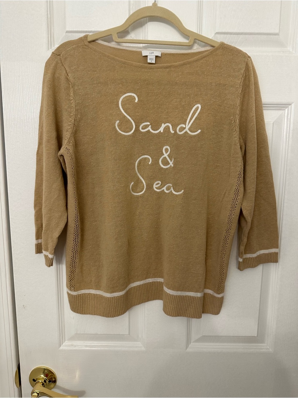 J. Jill Lightweight Knit Sweater with 'Sand & Sea' Print - Tan with White Trim